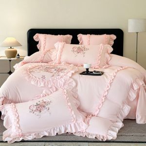 Bedding 4-piece set high-end bedding 4-piece cotton duvet cover 4-piece embroidered floral lace 4-piece set (sheet*1 quilt cover*1 pillowcase*2)