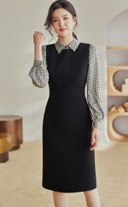 Đầm đen chữ A tay dài cổ sơ mi caro