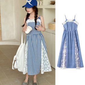 AINACHU Plaid Girl Princess Dress Lace Mesh Loose Teens Sling Dress Fashion Sweet Children Sleeveless Dresses Summer