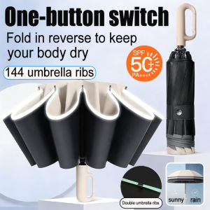 Automatic Umbrella 144 Ribs UV Protection with Reflective Stripe Auto Reverse Folding Foldable Sun Rain Payung Lipat Windproof Strong Windproof