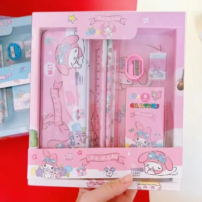 Cartoon 7IN1 Stationery Set With Pencil Case Ruler Crayons Sharpener Eraser School Supplies