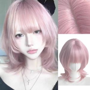 ER52858 หัวมัลเล็ต วิกผมสีชมพูสำหรับคอสเพลย์โลลิต้า ความยาวกลาง วิกแมงกะพรุน ทรงผมตรงสั้น หวาน วันฮาโลวีน วิกผมสังเคราะห์แบบหลายชั้น สำหรับผู้หญิง