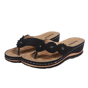 [Free Shipping] Summer Style Herringbone Wedge Heel Solid Color Casual Floral Slippers For Women Large Size In Stock High Heel