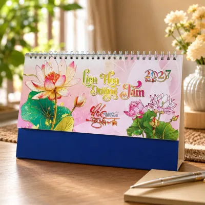 Lịch để bàn 2027 Đinh Mùi chủ đề Liên Hoa Dưỡng Tâm có ngày âm dương tặng 5 bao lì xì