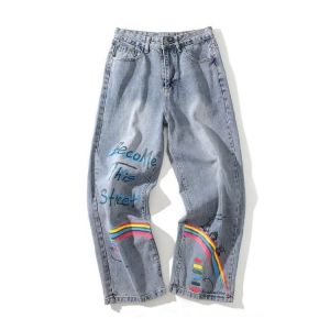 Jeans Wanita Gaya Korea Retro Kepribadian Graffiti Rainbow Pola Jeans dari Celana Panjang Lebar Baru