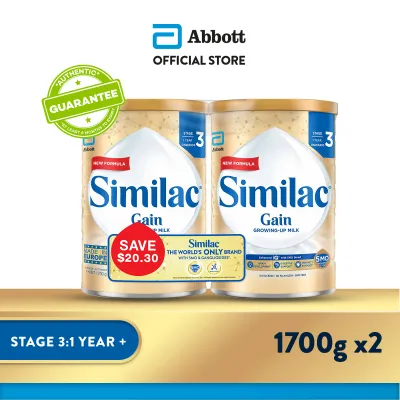 Similac Gain 5Mo Stage 3 Growing-Up Baby Milk Powder Formula 1.7Kg Twin Pack (1 Year Onwards)