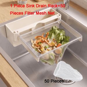 DFYER56 Gắn tường Giá lọc rác bồn rửa chén Thép carbon Gấp Giá để đồ thoát nước bồn rửa Phụ kiện nhà bếp kèm theo 50 túi lưới lọc. Rổ lọc rác bồn rửa chén dành cho cặn thức ăn