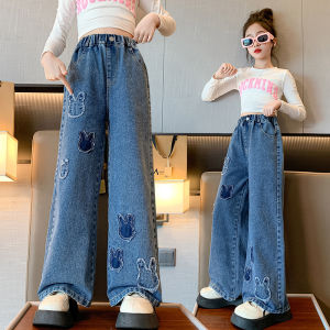 Casual Denim Pants Jeans For Kids Girls Loose Pants Rabbit Embroidery Jeans High Waist Baggy Pants Korean Style Clothing Garterized Maong Pants Baggy Pants 130-160cm