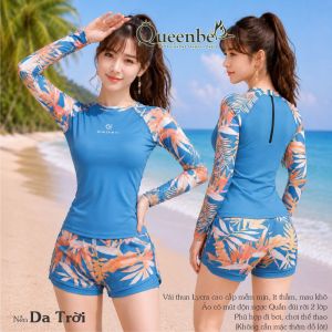Bộ đồ bơi nữ dài tay quần đùi rời có big size Queenbe GLSWIM074 vải thun Lycra cao cấp co giãn ít thấm hút mau khô kèm mút ngực
