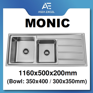 MONIC HOT-1160 2 BOWLS 1 DRAINER STAINLESS STEEL SINK C/W WASTE