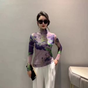 Ammin 2024 Mùa Xuân Và Mùa Thu Đơn Giản màu trơn Thời Trang Định Vị ghép màu in màu mực Thiết Kế Tay áo dài Căng Cotton T-Shirt Phụ Nữ phong cách Hàn Quốc R Bán cổ cao Giản Dị Cộng Với Kích Thước Áo Blouse thanh lịch Tops