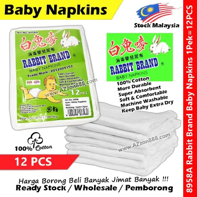 【12 PCS】Rabbit Brand Grade A / B White Cotton Baby Napkins Lampin Bayi #White #Rabbit #Baby #Napkins #Lampin #Bayi #婴儿尿布