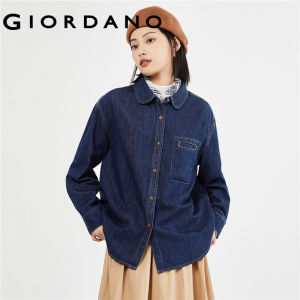 GIORDANO ผู้หญิง เสื้อเชิ้ตโอเด้ง กระดุม กระเป๋าเดี่ยว เสื้อเชิ้ตยีนส์หลวม คอกลม แขนยาว แฟชั่นลำลอง 18343617