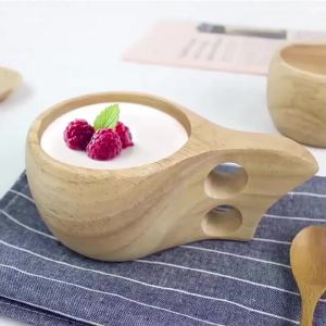 2pcs Wooden Camping Mug Kuksa Wood Camp Mug with Leather Lanyard Nordic Style Wood Drinking Cup Portable Hiking Tableware