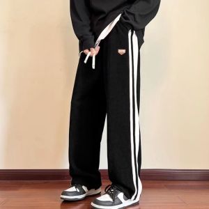FANCY FASHION Korean Casual Mens Pants Wide Leg Straight Pants Mid Waist Corduroy Pants For Men
