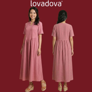Đầm suông đuôi cá xếp ly vải linen màu hồng Lovadova KD0301