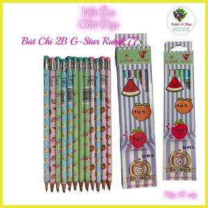 Hộp 12 Bút Chì 2B Thân Bút Lục Giác Hình Hoa Quả Cute - Đồ Dùng Học Tập Cho Bé Đi Học - Rubik 77