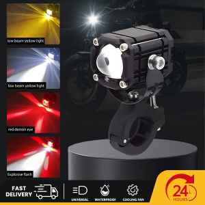 Multi-Mode Super Bright Dual Color LED Headlight with Extra Lens + Red Demon Eyes & Strobe Warning for Motorcycle SUV Car Off-Road Vehicles