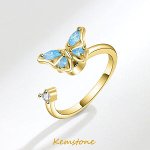 Kemstone Blue Crystal Butterfly Rotatable Ring for Womens Adjustable Opening Fashion Jewelry