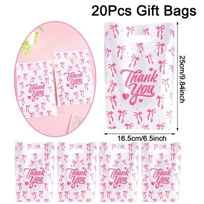 10/20/50pcs Thank You Theme Gift Bags Pink Bow Plastic Reusable Hand Bags Kids Adults Thanksgiving Day Party Decorations