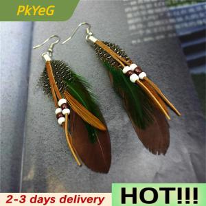PkYeG Fashion Tassel Dangling Earrings Feather Leather Beads Earrings Indian Feathers