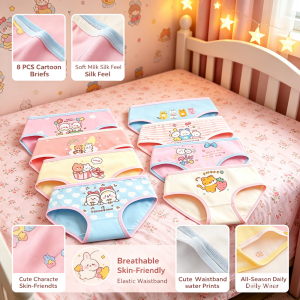 AILEBE Kids Underpants 8PCS Cartoon Briefs For Girls Soft Breathable Milk Silk Skin-Friendly Cute Character Prints Elastic Waistband Easy Wear Perfect For Daily All Seasons