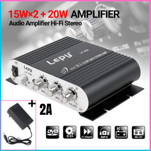 COD CEPAT Paket Lengkap Ampli 20W+15WX2 Lepy HiFi Stereo Amplifier Mobil Treble Bass Booster 12Volt + Charger 2A 12V -HITAM