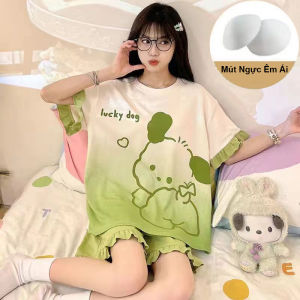 Đồ bộ nữ mặc nhà Đồ ngủ nữ thời trang Có mút ngực êm ái Chất thun Cotton tay bèo cổ tròn dễ thương
