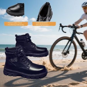 Mens High Top Work Boots Rugged Black Leather Casual Shoes Motorcycle Ankle Boots Chunky Outdoor Sneakers