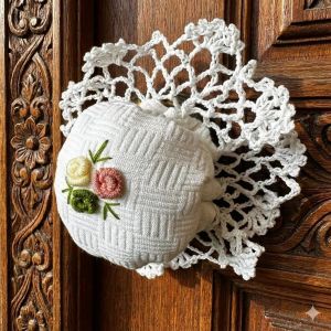 ที่หุ้มลูกบิดประตู ผ้าฝ้ายแท้ปักลายดอกไม้ (ปักตัวหนอน) ถักริมโครเชต์ ปลอกลูกบิดกันไฟฟ้าสถิต หุ้มเกียร์รถได้