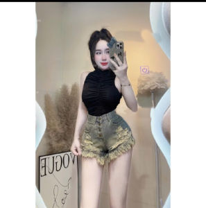 QUẦN  ĐÙI JEAN PHỐI 4 NÚT DÀNH CHO NỮ LƯNG CAO RÁCH VIỀN RUA RUA ĐƯỜNG SONG SONG