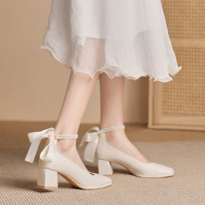 IELGY Wedding Shoes Red Block Heel Square Toe Butterfly Knots High Heels Women White Two Wear Pearl Bride