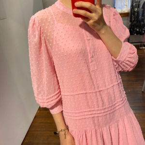 Korean dress NUOVPUL elegant stand up collar solid color chiffon loose hollow stitch button dress