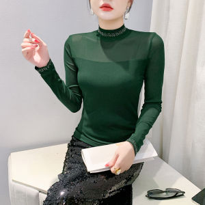 Yimei mùa thu phong cách thời trang mới Tím lưới T-Shirt ôm vừa dài tay áo Thun Cơ Bản cổ tròn Rhinestone hàng đầu cho phụ nữ 2024