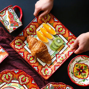 OMK Red Luca Series Ceramic 8 inch deep Dinner Plates Salad bowl