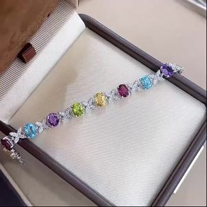 Natural Multi Color Gem Bracelet S925 Silver White Gold Plated 5*7mm Leaf Zircon Adjustable Party Jewelry
