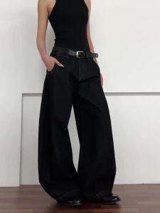 PREIE SIMPLE American Retro Style Pants for Men Black Baggy Jeans Baggy Pants Men Denim Pants Washed Jeans Wide Leg Pants Mens Trendy Pants Mopping Pants Black Floor-Length Pants