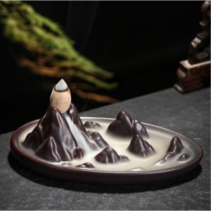 3-in-1 Ceramic Incense Burner Holder Zen Cloud Sea Backflow Incense Waterfall Stick Coil Cone Incense Holder Hand-Carved Buddhist Aromatherapy Ornament Home Office Meditation Decor Multifunctional Incense Ash Catcher Gift Set Zen Garden Decor