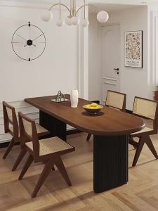 Walnut colored dining table and chair combination semi-circular island table against the wall solid wood dining table household small unit