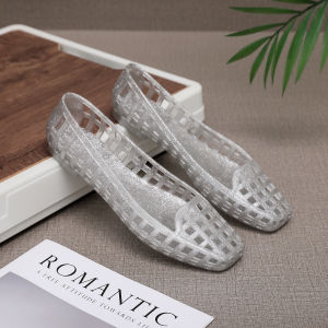 [Free Shipping] Korean Crystal Jelly Shoes Shallow Slip-On Shoes Transparent Hollow Square-Toed Sandals Beach Slip-Ons DIY Perforated Shoes For Women