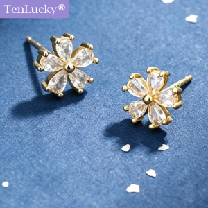 TenLucky Fashion Korean Flower Stud Earrings for Women Luxury Shiny Zircon Ear Studs for Daily Wear
