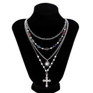 HANZE Necklace Set Love Pearl Necklace Silver Ethnic Style Cross Pendant Necklace Creative Jewelry Accessories Rhinestone Necklace Women