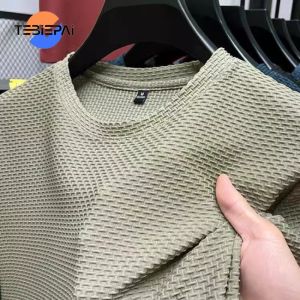 221Mens ice silk T-shirt bamboo mesh short-sleeved top round neck 2024 trend new summer solid color cool thin mens T-shirt