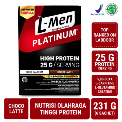 L-Men Platinum Choco Latte 6 sachet - 25g Whey Protein - 59g BCAA dilengkapi Creatine L-Glutamine & L-Carnitine