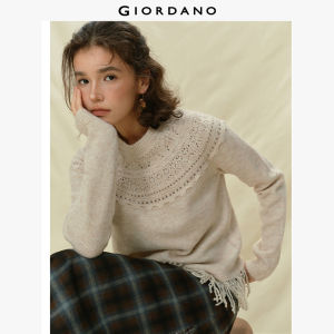 Giordano Women Pierced detail crewneck fringe hem sweater Free Shipping 18355820