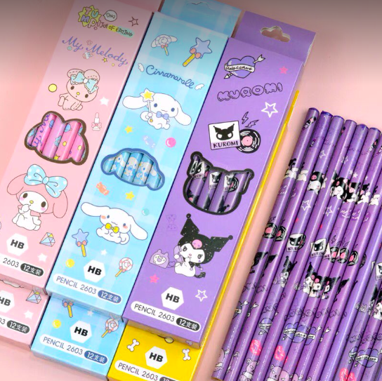 12pcs kuromi melody cinnamoroll spiderman cars hello kitty HB pencil ...