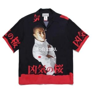 WACKO MARIA Shirt Polyester Checkered Photo Printing Oversize Button Lapel Men Women Black Short Sleeve Thin Breathable New