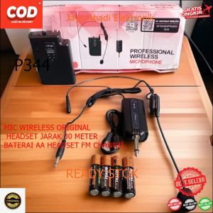 P344 MIC WIRELESS ORIGINAL HEADSET JARAK 30 METER BATERAI AA HEADSET FM CHANNEL FREKUENSI MICROPHONE