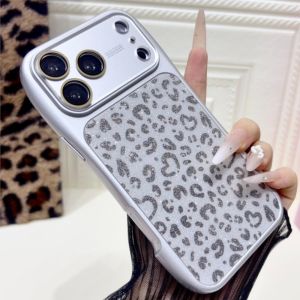 Luxury Leopard Print Glitter Curved Bumper Case For iPhone 17 16 15 14 13 Pro Max Shiny Bright Camera Glass Protective Funda
