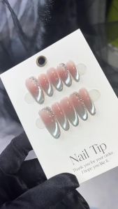 【HANDMADE+Free Glue】Artificial Nail Pink Blue Gradient Blush Side Light Cat Eye Fine Shimmer Phototherapy Fake Nail Patch Press on Nails Reusable